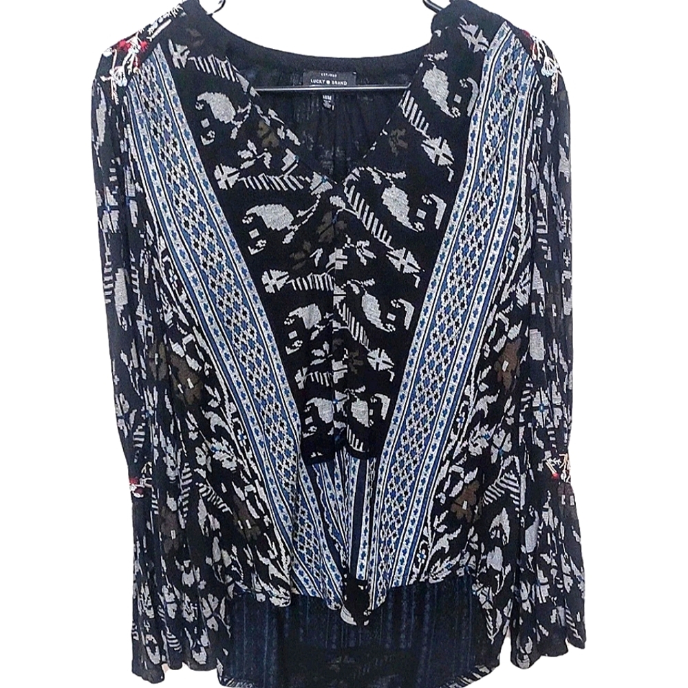 Women's Size M Lucky Brand Retro Boho Hippie Aztec Embroidered Viscose Tunic Top
